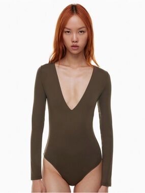 Aritzia Contour Olive Deep V Long-Sleeve Bodysuit